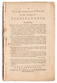 (EARLY AMERICAN IMPRINTS.) True and Impartial State of the Province of Pennsylvania Philadelphia: W.
