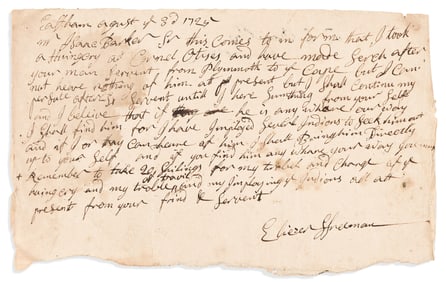 (MASSACHUSETTS.) Eliezer Freeman. Letter describing his pursuit of an escaped servant across Cape
