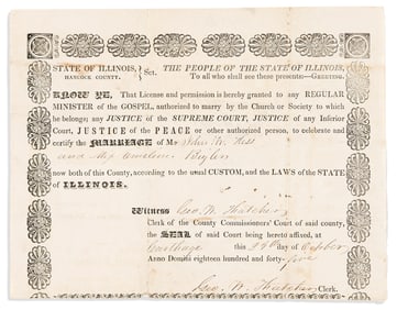(MORMONS.) Marriage certificate of a noted patriarch in Nauvoo. Carthage, IL, 29 October 1845