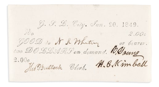 (MORMONS.) Brigham Young. 2-dollar "valley note" signed by Young and Kimball. Salt Lake City, UT, 20