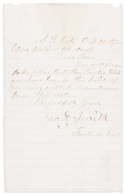 (MORMONS.) George A. Smith. Letter cutting off Wilford Woodruff's free tickets to the Salt Lake