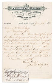 (MORMONS.) John Taylor. Letter enclosing the clipped signature of Brigham Young and the First
