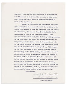(MORMONS.) Joseph F. Smith and the First Presidency. Letter explaining why membership in secret
