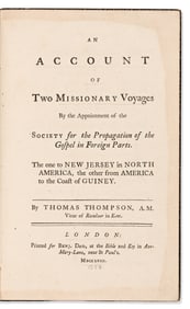 (NEW JERSEY.) Thomas Thompson. An Account of Two Missionary Voyages. London, 1758