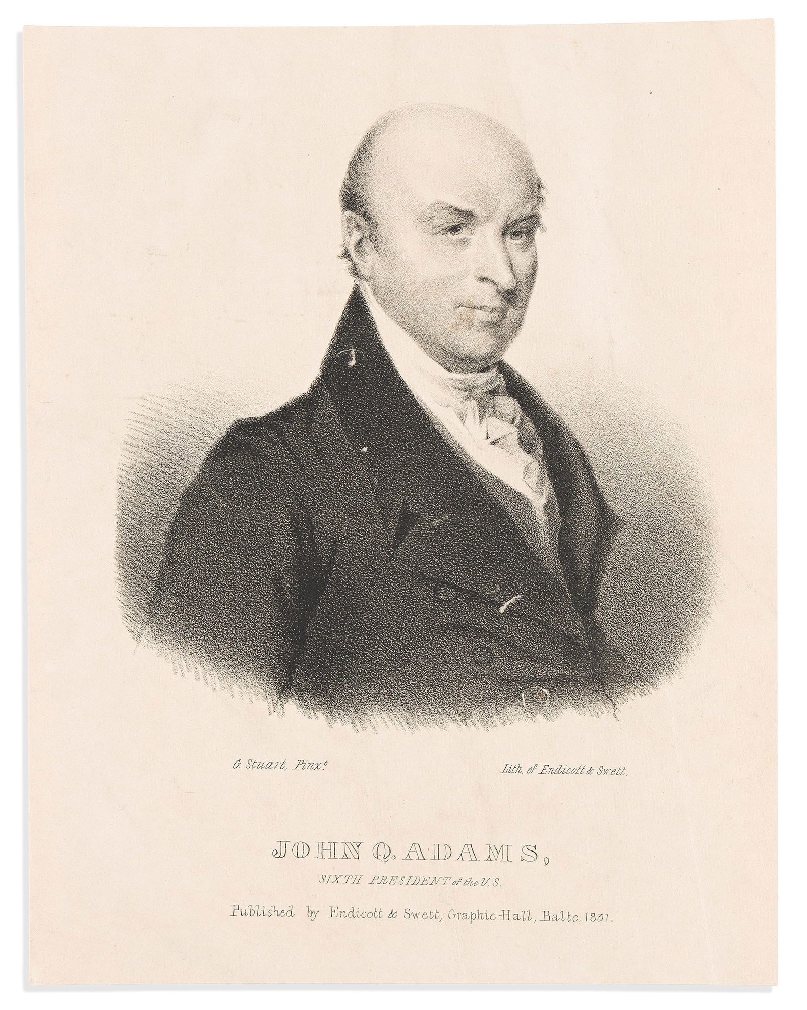 (PRESIDENTS--1831.) Endicott & Swett, John Q. Adams, Sixth President of the U.S. Baltimore, MD:: Endicott & Swett, after Gilbert Stuart.John Q. Adams, Sixth President of the U.S. Baltimore, MD: Endicott & Swett, 1831Lithograph, 11½ x 9 inches