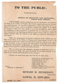 (VIRGINIA.) Broadside seeking to quell a "general panic" at a Loudoun County bank. Leesburg, VA: