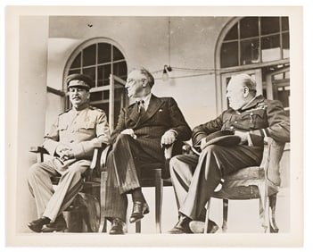 (WORLD WAR TWO.) Group of photographs of Roosevelt at Allied leadership conferences during the war.