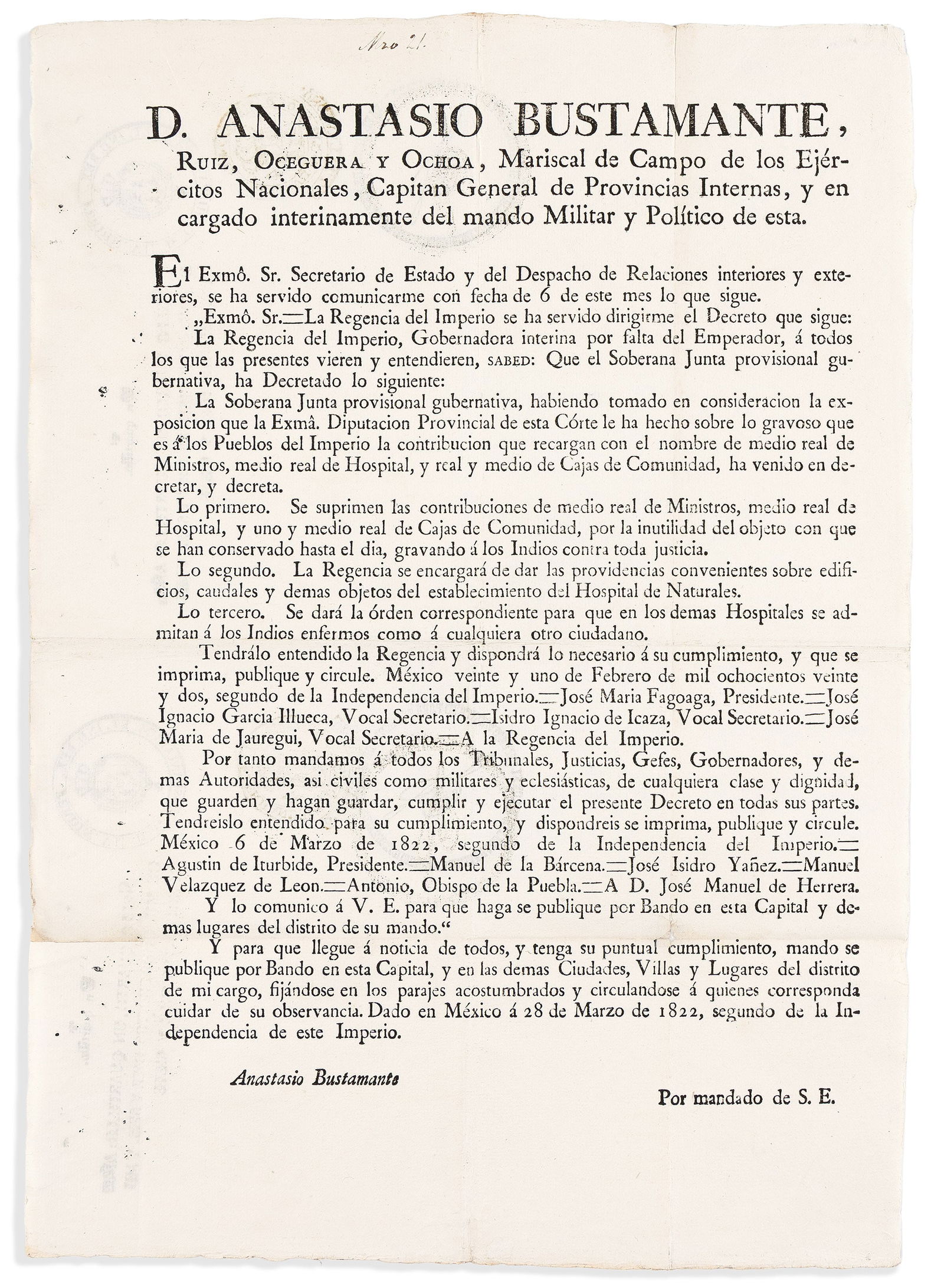 (MEXICO.) AgustÌn de Iturbide. Decree granting Indigenous people access to medical care. (1 of 1)