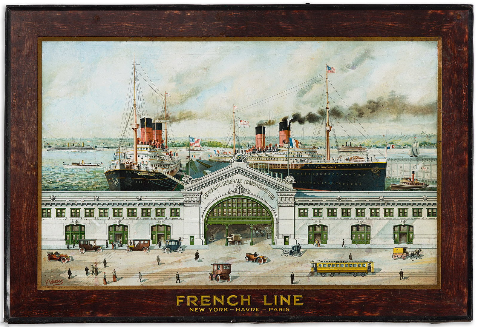 Ferdinand Worms. French Line [New York Docks]. Circa 1906.: Ferdinand Worms 1859-1939 French Line [New York Docks]. Circa 1906. Condition A-: creases and abrasions. Self-framed lithograph on tin. Showing the ship La Provence on the right, and La Provence o