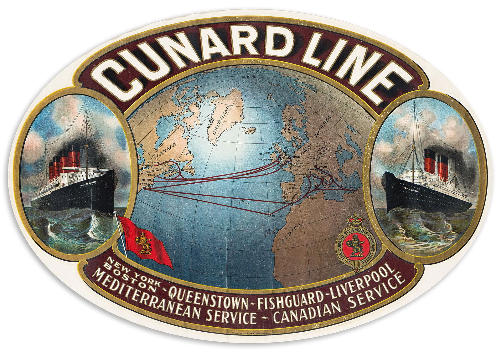 Designer Unknown. Cunard Line [Transfer ornament]. Circa 1910.: Designer UnknownCunard Line [Transfer ornament]. Circa 1910.Condition B+ / A-: creases, abrasions and rippling. Paper. Framed.Depicting the Mauretania and the Franconia and their transatlanti