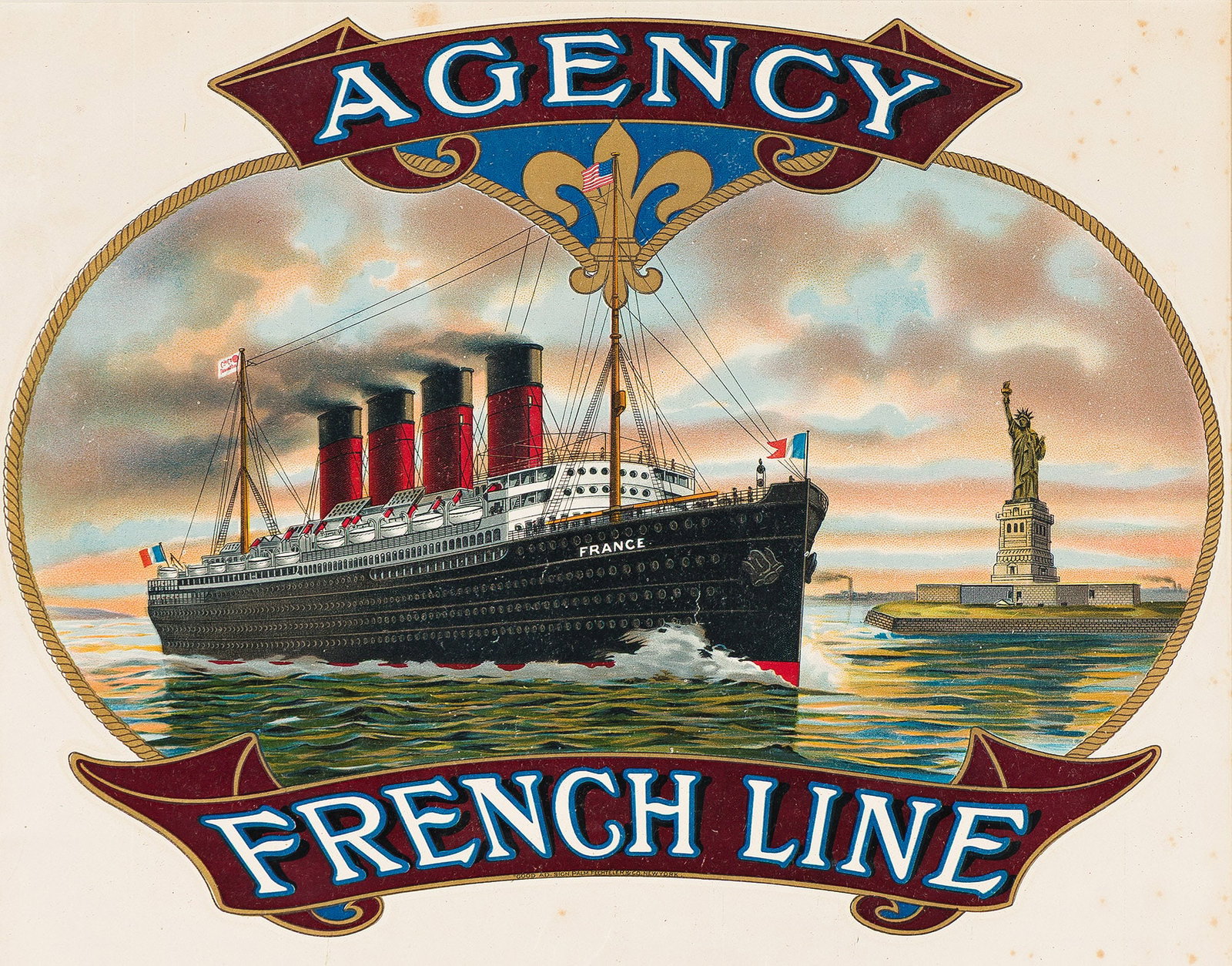 Designer Unknown. Agency / French Line. Circa 1912.: Designer Unknown Agency / French Line [Transfer ornament.] Circa 1912. Condition B+: foxing in margins; creases and abrasions. Framed. Depicting the SS France, launched in 1912, sailing out of New Yor