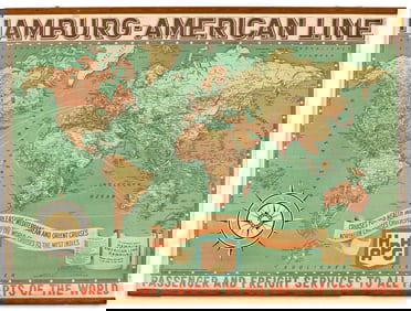 Designer Unknown. Hamburg - American Line. Map poster. Circa 1930.