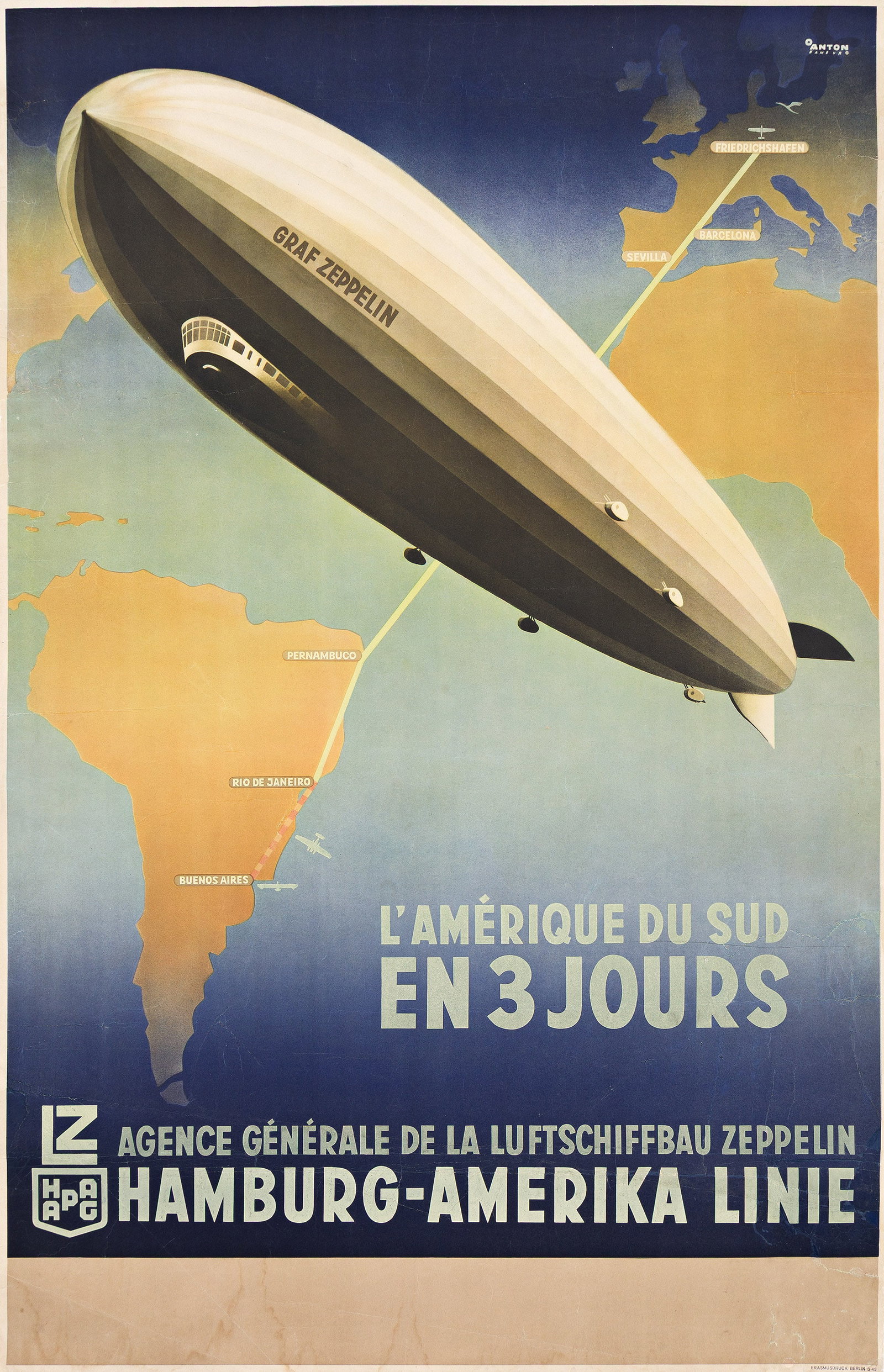Ottomar Anton. Hamburg - Amerika Linie / L'Amérique du Sud en 3 Jours. 1936.: Ottomar Anton 1895-1976 Hamburg - Amerika Linie / L'Amérique du Sud en 3 Jours. 1936. Condition B: repaired tears, replaced losses, creases and abrasions in margins and image; water staining in m