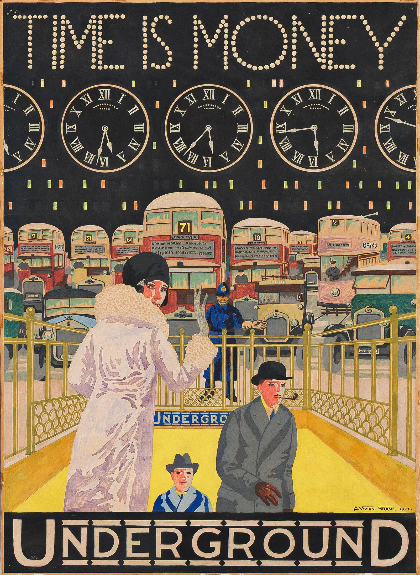 Arthur Vivian Farrar. Time is Money / Underground. Gouache maquette. 1930.: Arthur Vivian Farrar 1895-? Time is Money / Underground. Gouache maquette. 1930. Condition A- / B+: tape remnants at edges, minor creases at edges into image; some crackling in paint; pin holes in cor