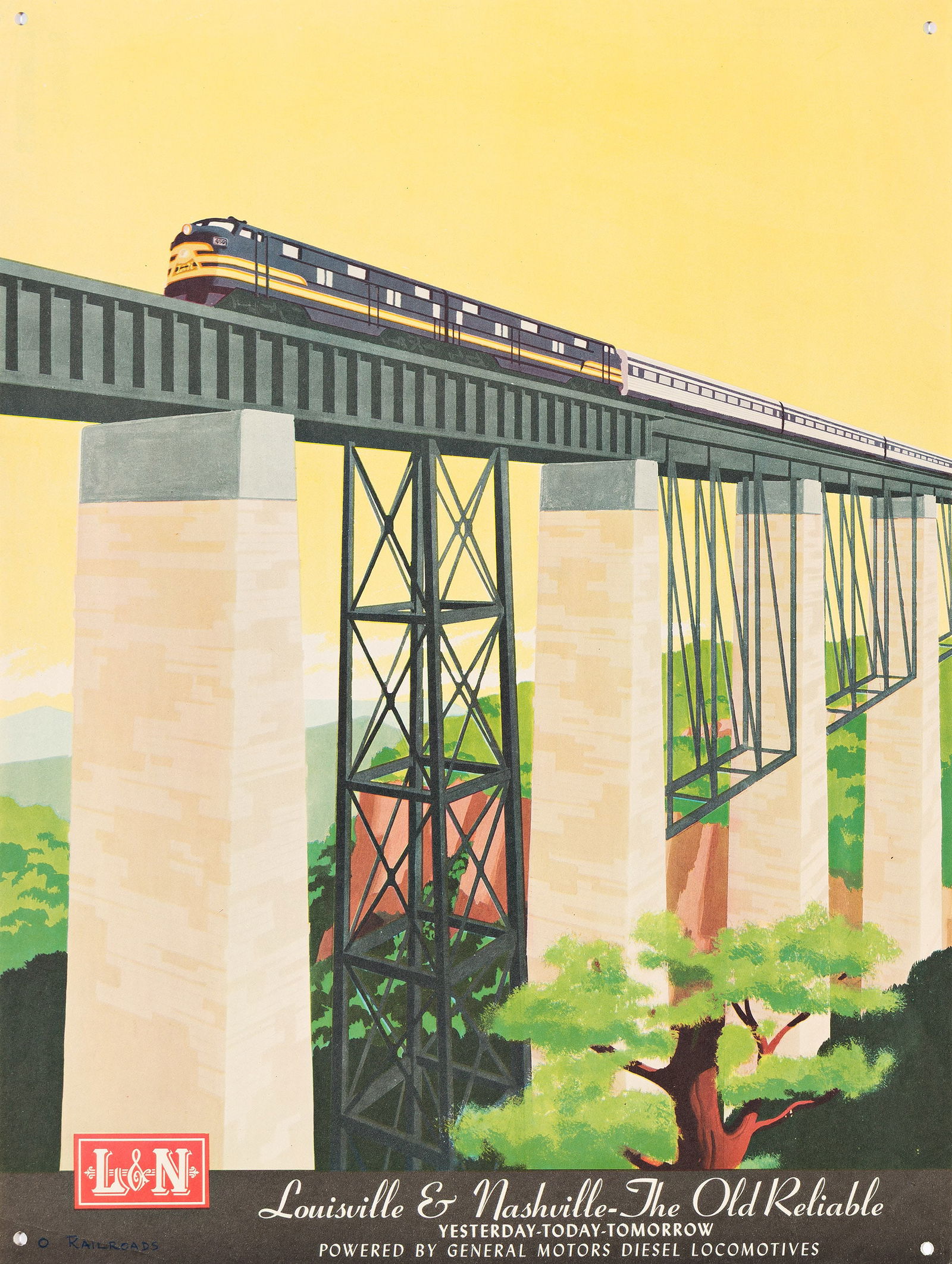 Bern Hill. Louisville & Nashville - The Old Reliable. 1951.: Bern Hill1911-1977Louisville & Nashville - The Old Reliable. 1951.Condition A- / B+: folds, creases and abrasions; punch holes at corners. Paper.24x18 inches, 61x45¾ cm.