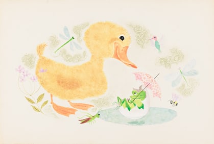 Dale Maxey, (b. 1931), Yellow duck, frog, and bees, characters from the Little Lost Kitten. Circa