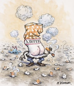 Matt Wuerker, (b. 1956), "A. Buttz" anti-smoking cartoon. Circa 1990.