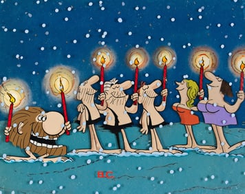 Johnny Hart / Electra Studios, (1931-2007), B.C. Christmas-themed animation cel setup. Circa 1970.