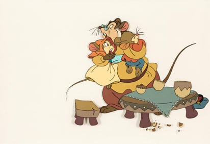 Don Bluth / Amblin Entertainment, An American Tail animation cel of Feivel, Tanya, and Papa. 1986.