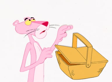 Depatie- Freleng Enterprises, Pink Panther animation cel and drawing for Sprinkle Me Pink. 1978.