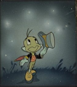 Walt Disney Studios, Pinocchio "When You Wish Upon A Star" Jiminy Cricket Courvoisier animation cel.