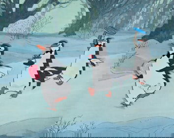 Walt Disney Studios, "Jolly Holiday" Mary Poppins Penguin Waiters animation cel setup. 1964.