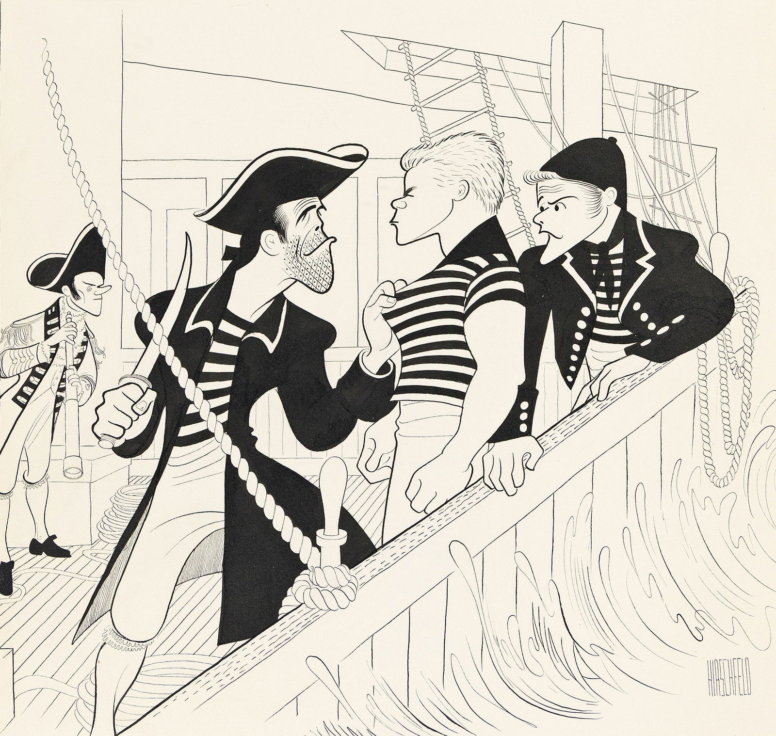 Albert Hirschfeld, (1903-2003), Jason Robards in Billy Budd. 1959.: Albert Hirschfeld(1903-2003)Jason Robards in Billy Budd. 1959.Pen and ink on board.Signed lower right.Production:Caricature for the television show, "Billy Bud," the DuPont Show of the Month (CB