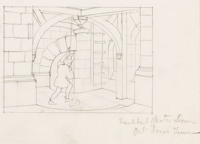 Van Nest Polglase, (1898-1968), Bell ringer tower concept drawing, Hunchback of Notre Dame. Circa