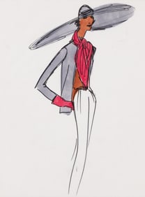 Bill Blass, (1922-2002), Wide brim hat fashion illustration. Circa 1980.