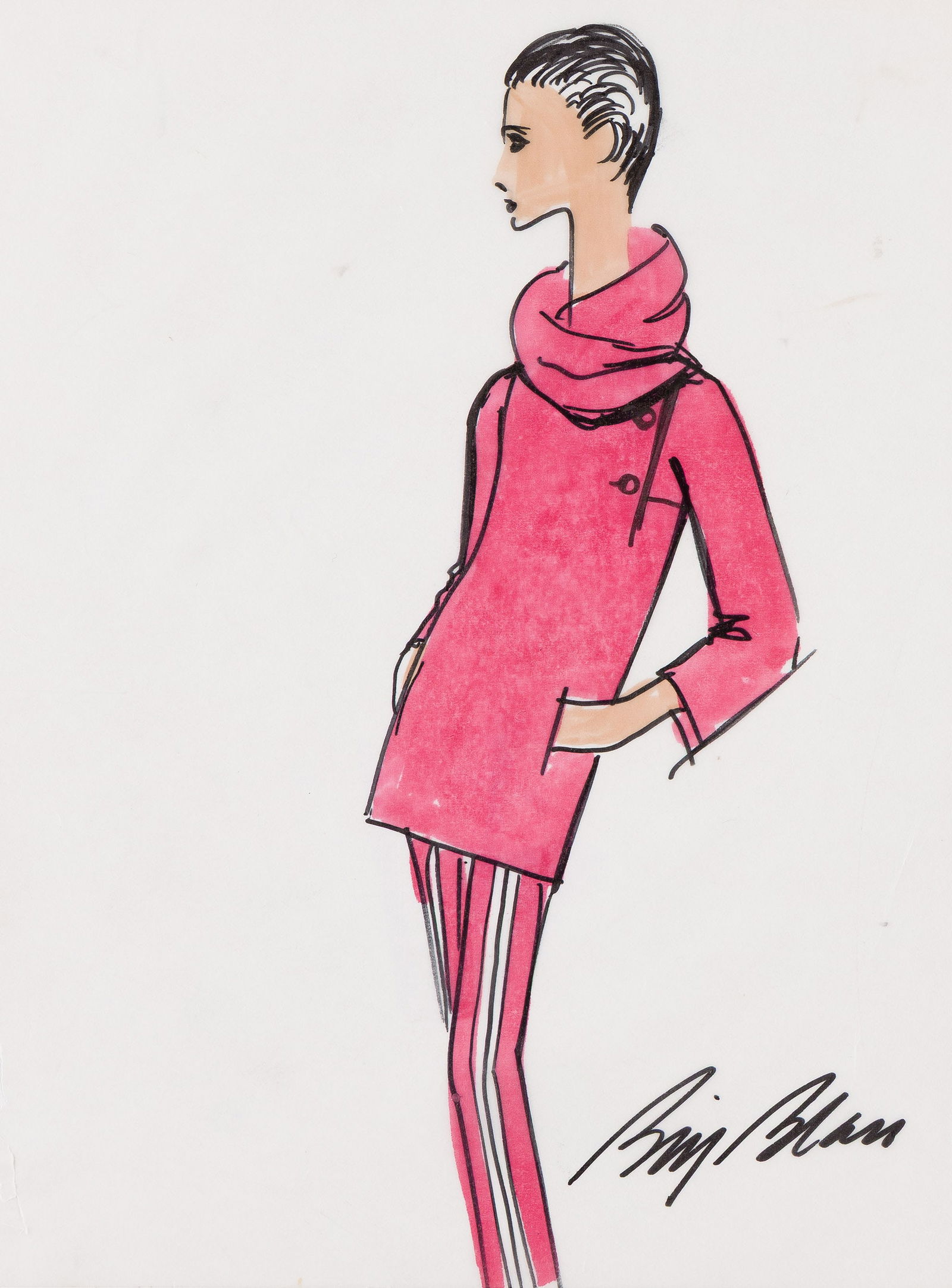 Bill Blass, (1922-2002), Red tunic fashion illustration. Circa 1980.: Bill Blass(1922-2002)Red tunic fashion illustration. Circa 1980.Ink on vellum.Signed in lower right.11 3/4 x 9 in. (29.8 x 22.9 cm.)