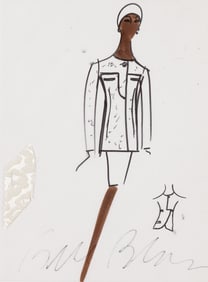 Bill Blass, (1922-2002), White suit with fabric swatch fashion illustration. Circa 1980.