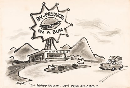 (New Yorker) Lee Lorenz, (1932-2022), "On second thought, let's drive on a bit." Circa 1980.