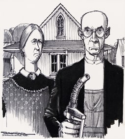 Paul Francis Conrad, (1924-2010), American Gothic at the gas pump. 1980.