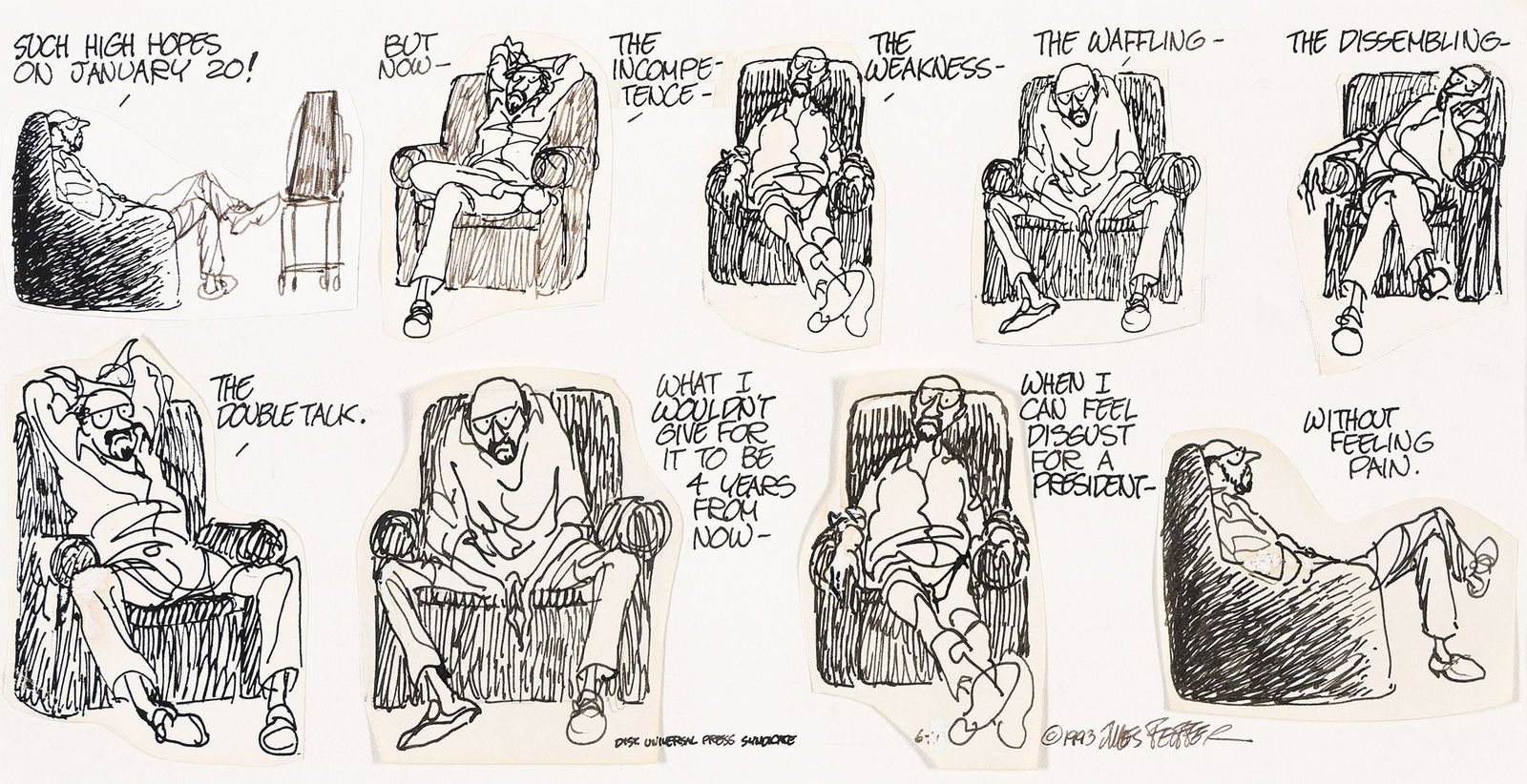 Jules Ralph Feiffer, American (1929-2025), "When I Can Feel Disgust for a President Without Feeling: Jules Ralph FeifferAmerican, (1929-2025)"When I Can Feel Disgust for a President Without Feeling Pain." 1993.Pen and ink / collage on Bristol board.Signed and dated in lower right.Publication:9