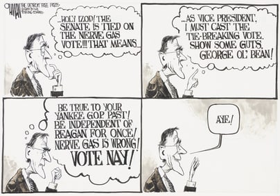 Jack Ohman, (1960-), "...Holy Izod! The senate is tied on the nerve gas vote!" 1983.