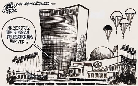 Mike Peters, (b. 1943), "Mr. Secretary, the Russian delegation has arrived..." 1983.