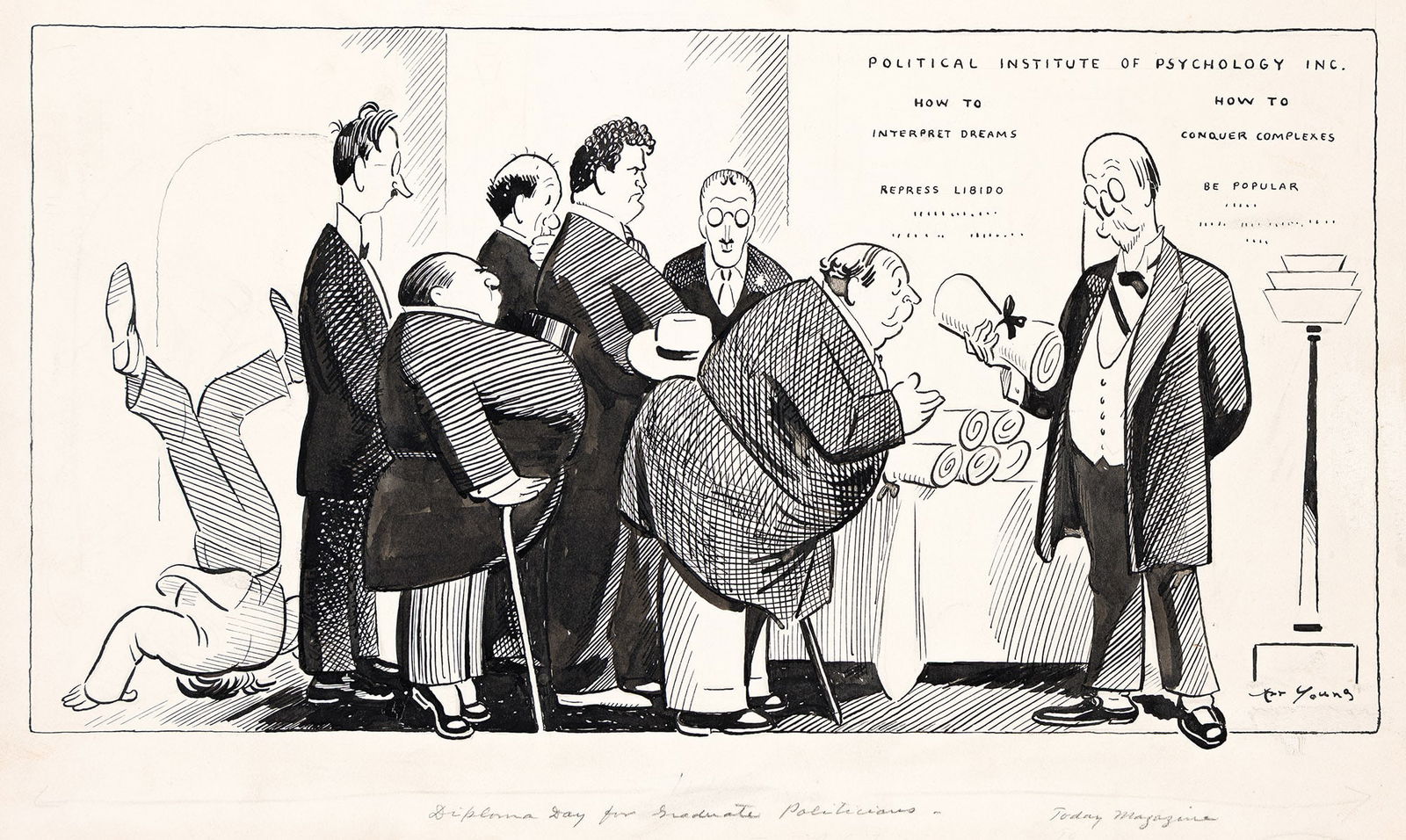 Art Young, (1866-1943), 2 political cartoons: Diploma Day for Graduate Politicians and Figure at a (1 of 2)