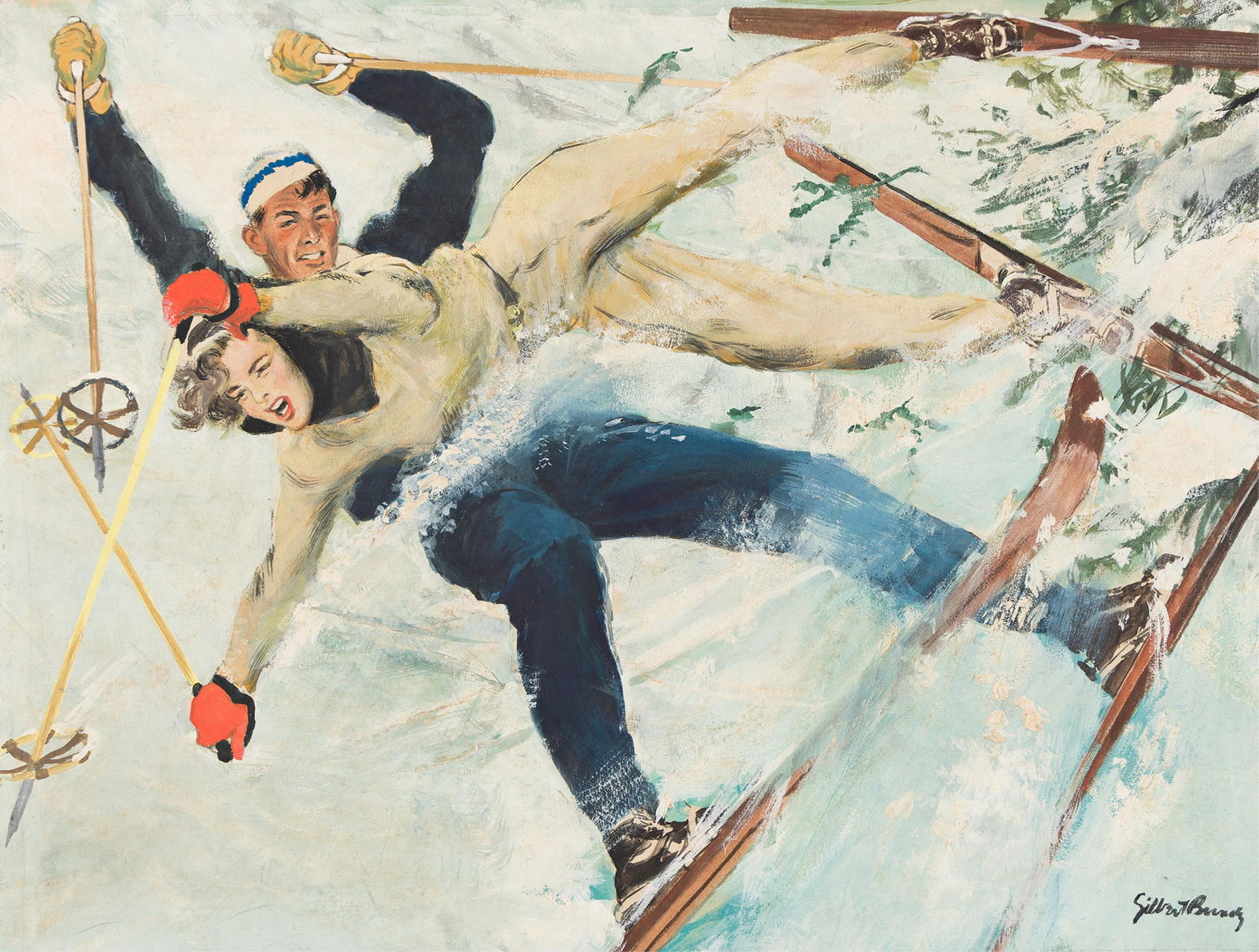 Gilbert Bundy, (1911-1955), "She saw a bluish blur, and then she hit him." 1949.: Gilbert Bundy(1911-1955)"She saw a bluish blur, and then she hit him." 1949.Gouache on board.Signed in lower right.Publication:Interior illustration for "Double Dare," The Saturday Evening Post,