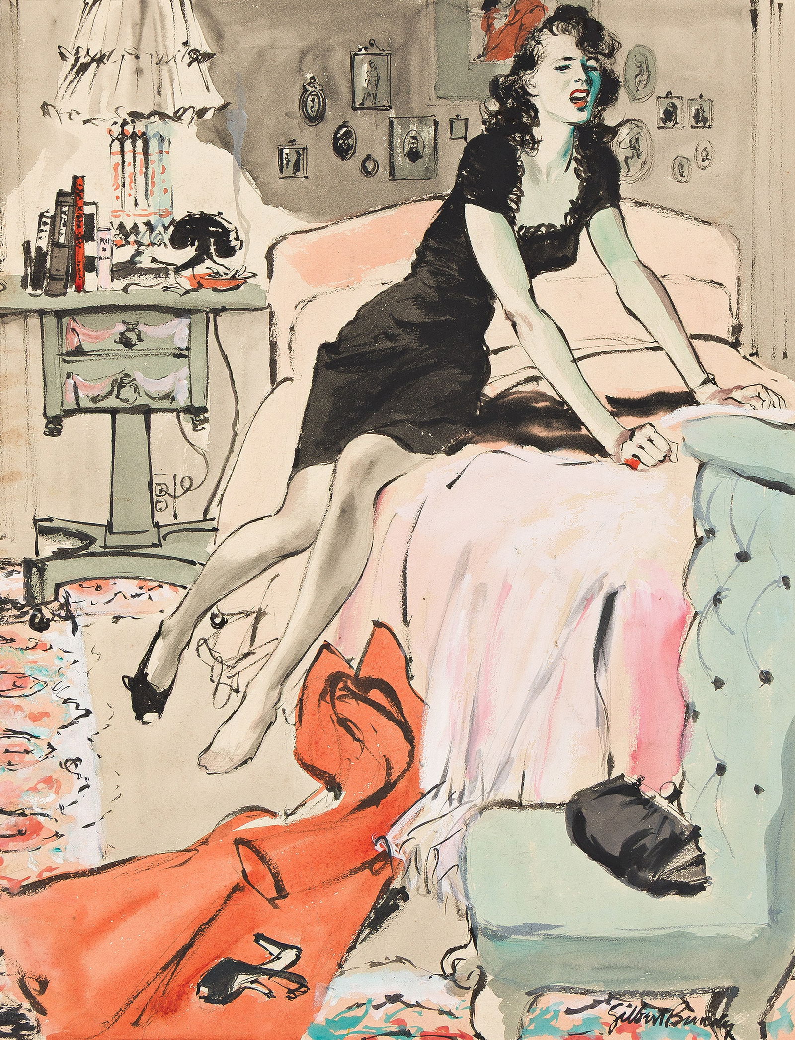 Gilbert Bundy, (1911-1955), "Nancy was weeping her eyes out." 1944.: Gilbert Bundy(1911-1955)"Nancy was weeping her eyes out." 1944.Watercolor on board.Signed in lower right.Publication:Magazine illustration for "So This is Love," Cosmopolitan, September 1944.