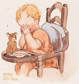 Mabel Lucie Attwell, British (1879-1964), Baby in high chair, circa 1910.