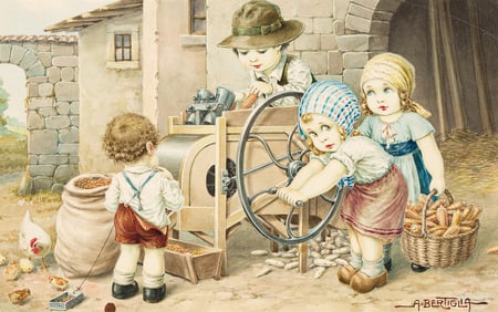Aurelio Bertiglia, (1891-1973), Children milling corn postcard art. Circa 1930.