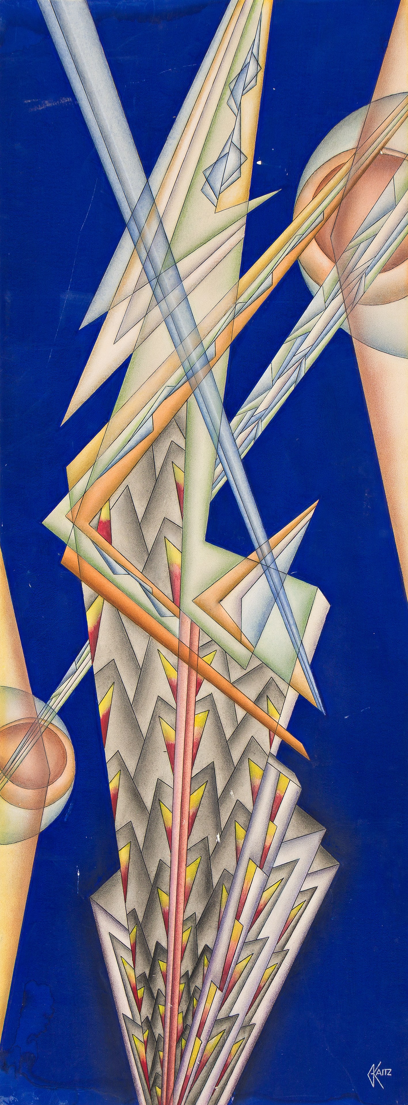 Gustave Kaitz, (1913-1992), 2 art deco designs, "Hope" and "Voyager." Circa 1930.: Gustave Kaitz(1913-1992)2 art deco designs, "Hope" and "Voyager." Circa 1930.Gouache on board.Signed in lower right, each.Hope: 40 x 15 in. (101.6 x 38.1 cm.), Voyager: 34 x 12 1/2 in. (86.4 x 31.8 cm