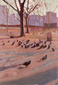 Bernard Fuchs, (1932-2009), Pigeons in Central Park. Circa 1970.