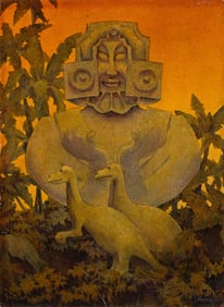 Hannes Hans Vajn Bok, (1914-1964), Fantasy landscape with dinosaurs and totem. 1934.