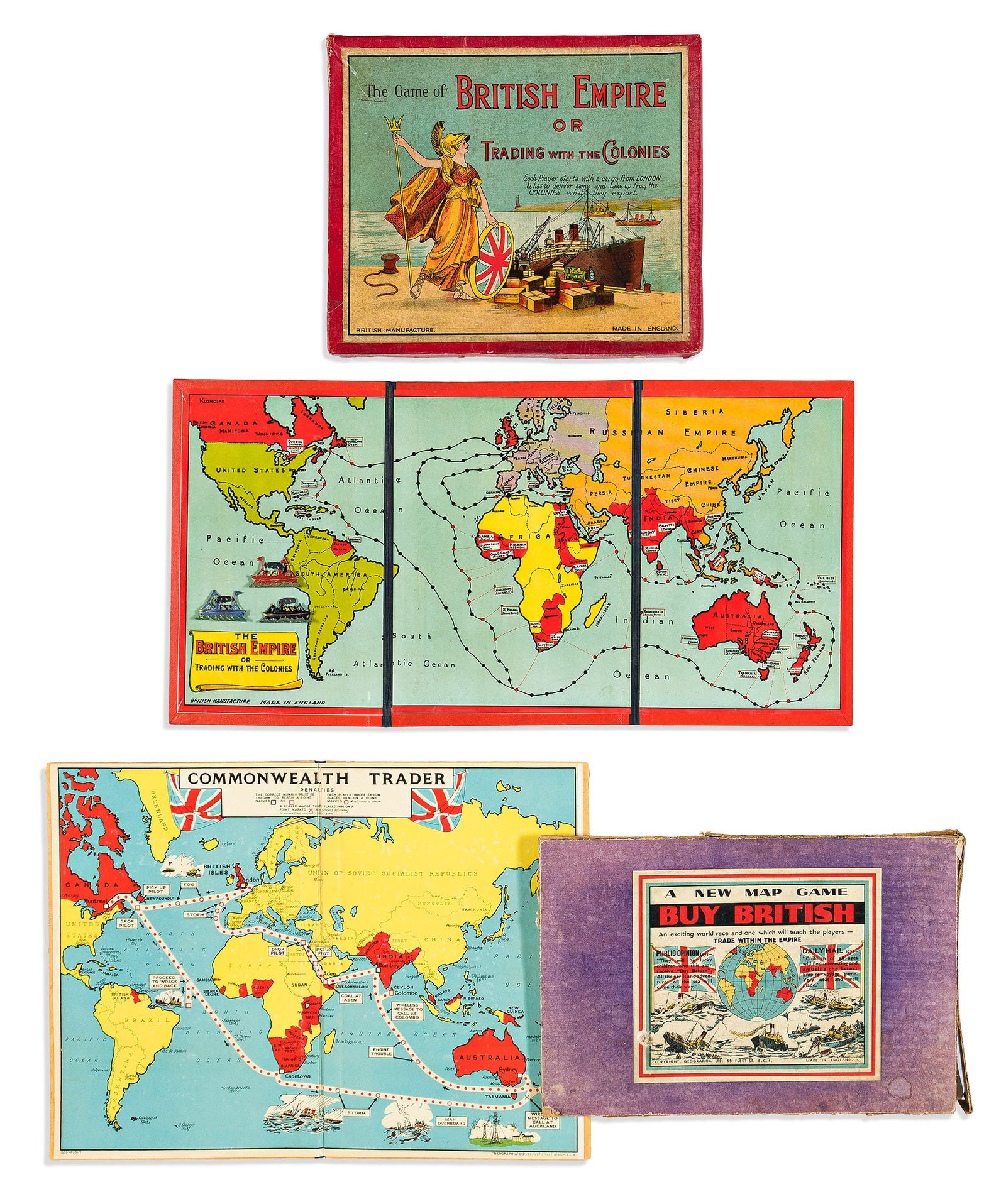 (BRITISH EMPIRE.) Collection of 10 late-nineteenth and early-twentieth-century geography-themed: (BRITISH EMPIRE.)Collection of 10 late-nineteenth and early-twentieth-century geography-themed souvenir flags and handkerchiefs with 2 similarly-related board games. [London], vd- Coronation of King E
