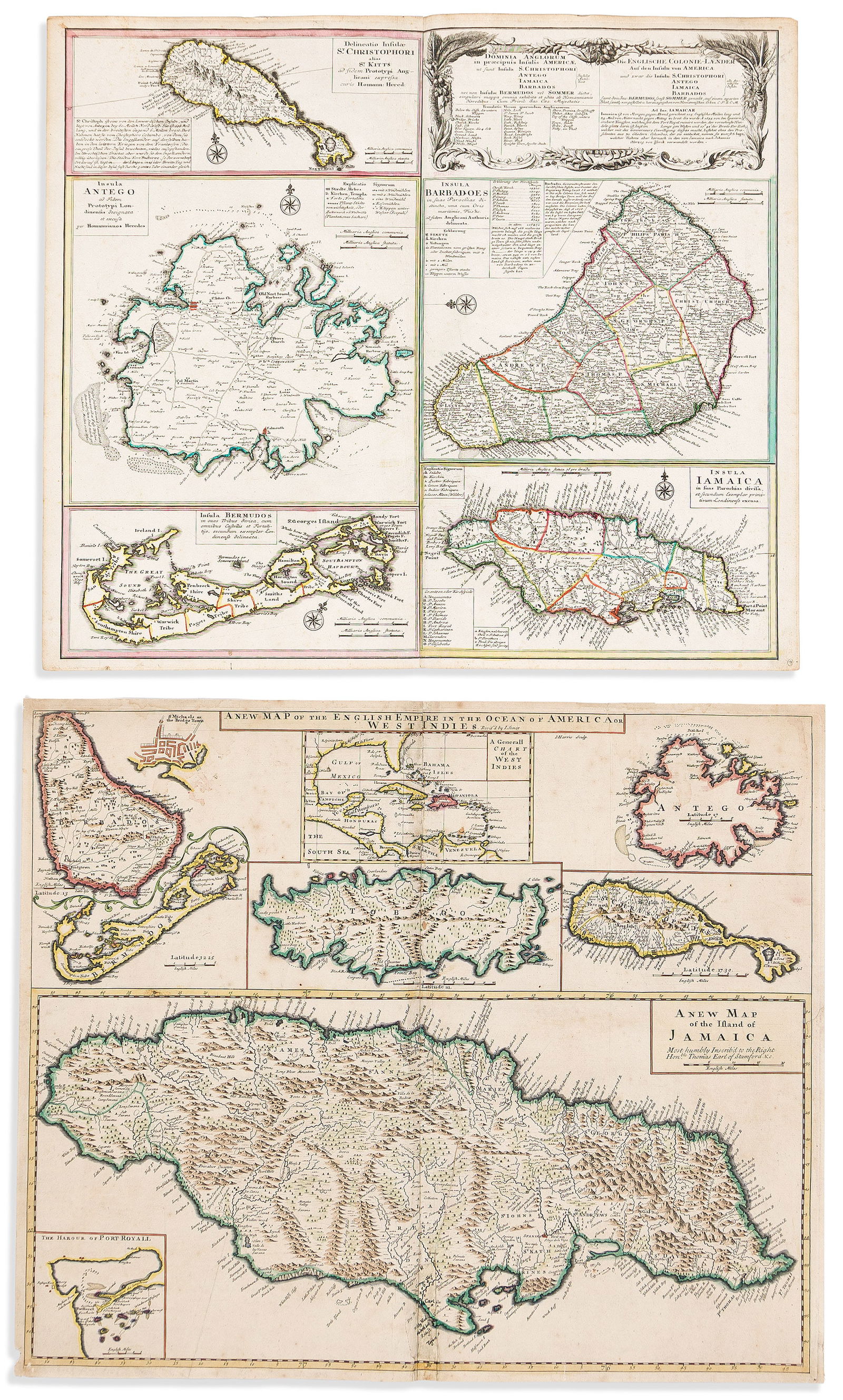 (CARIBBEAN ISLANDS.) Group of 5 eighteenth-century engraved maps. Vp, vd,: (CARIBBEAN ISLANDS.)Group of 5 eighteenth-century engraved maps. Vp, vd- John Senex. A New Map of the English Empire in the Ocean of America or West Indies. Double-page engraved multi-panel map of Bar