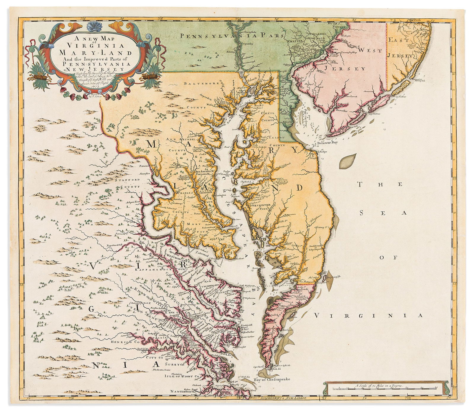 (CHESAPEAKE.) John Senex. A New Map of Virginia Maryland and the Improved Parts of Pennsylvania &: (CHESAPEAKE.)John Senex. A New Map of Virginia Maryland and the Improved Parts of Pennsylvania & New Jersey. London, 1719 Double-page engraved map of the Chesapeake Bay and Delmarva peninsula w