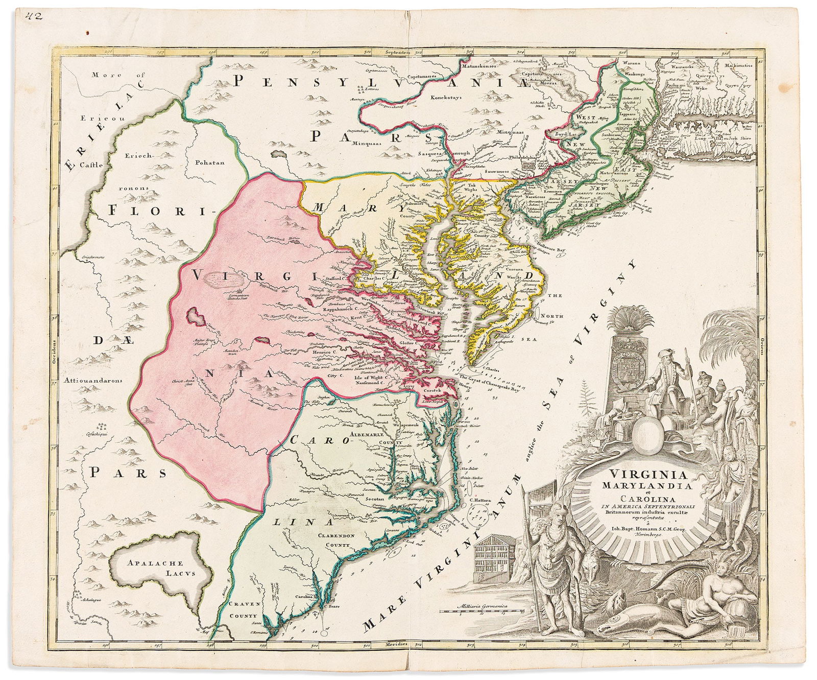(COLONIAL NORTH AMERICA -- MIDDLE ATLANTIC.) Johann Baptist Homann. Virginia Marylandia et Carolina (1 of 1)