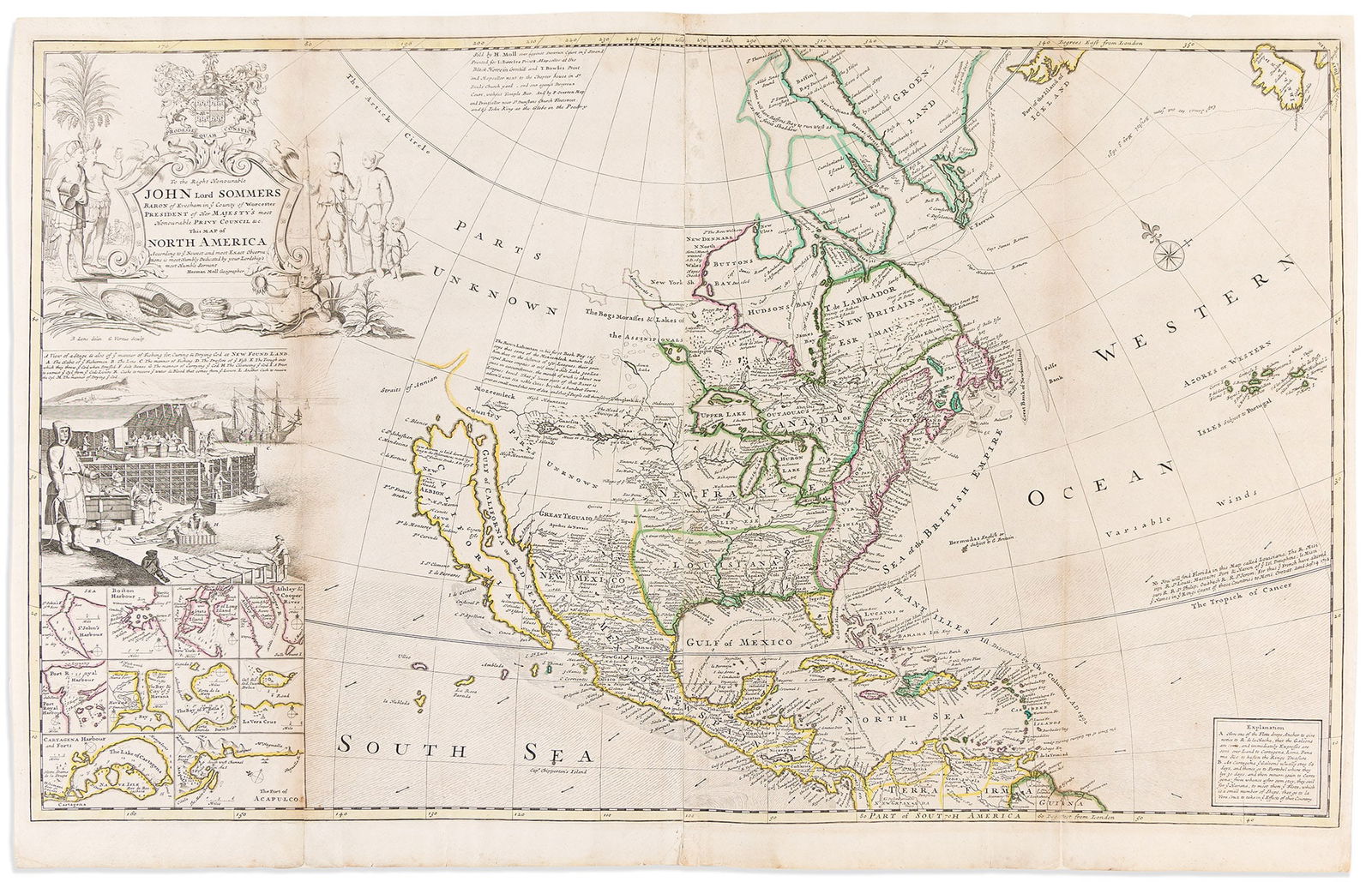 (COLONIAL NORTH AMERICA -- THE CODFISH MAP.) Herman Moll. To the Right Honourable John Lord: (COLONIAL NORTH AMERICA -- THE CODFISH MAP.)Herman Moll. To the Right Honourable John Lord Sommers... This Map of North America... is Most Humbly Dedicated. London, circa 1720Large engraved map of N