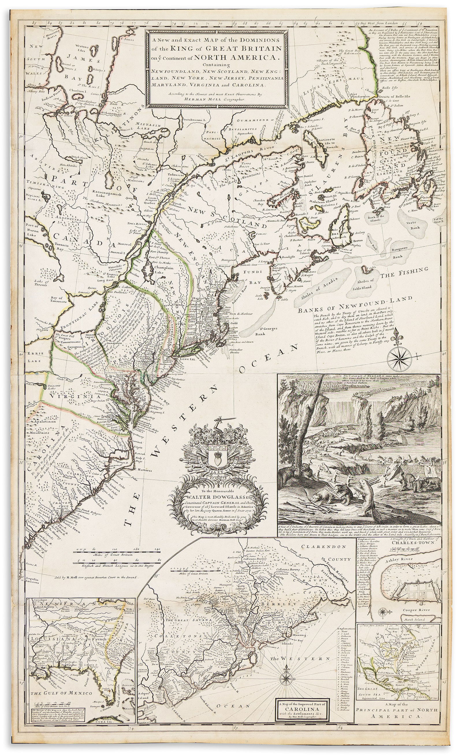 (COLONIAL NORTH AMERICA -- THE BEAVER MAP.) Herman Moll. A New and Exact Map of the Dominions of the: (COLONIAL NORTH AMERICA -- THE BEAVER MAP.)Herman Moll. A New and Exact Map of the Dominions of the King of Great Britain on ye Continent of North America. London, 1715Large engraved map of the Brit